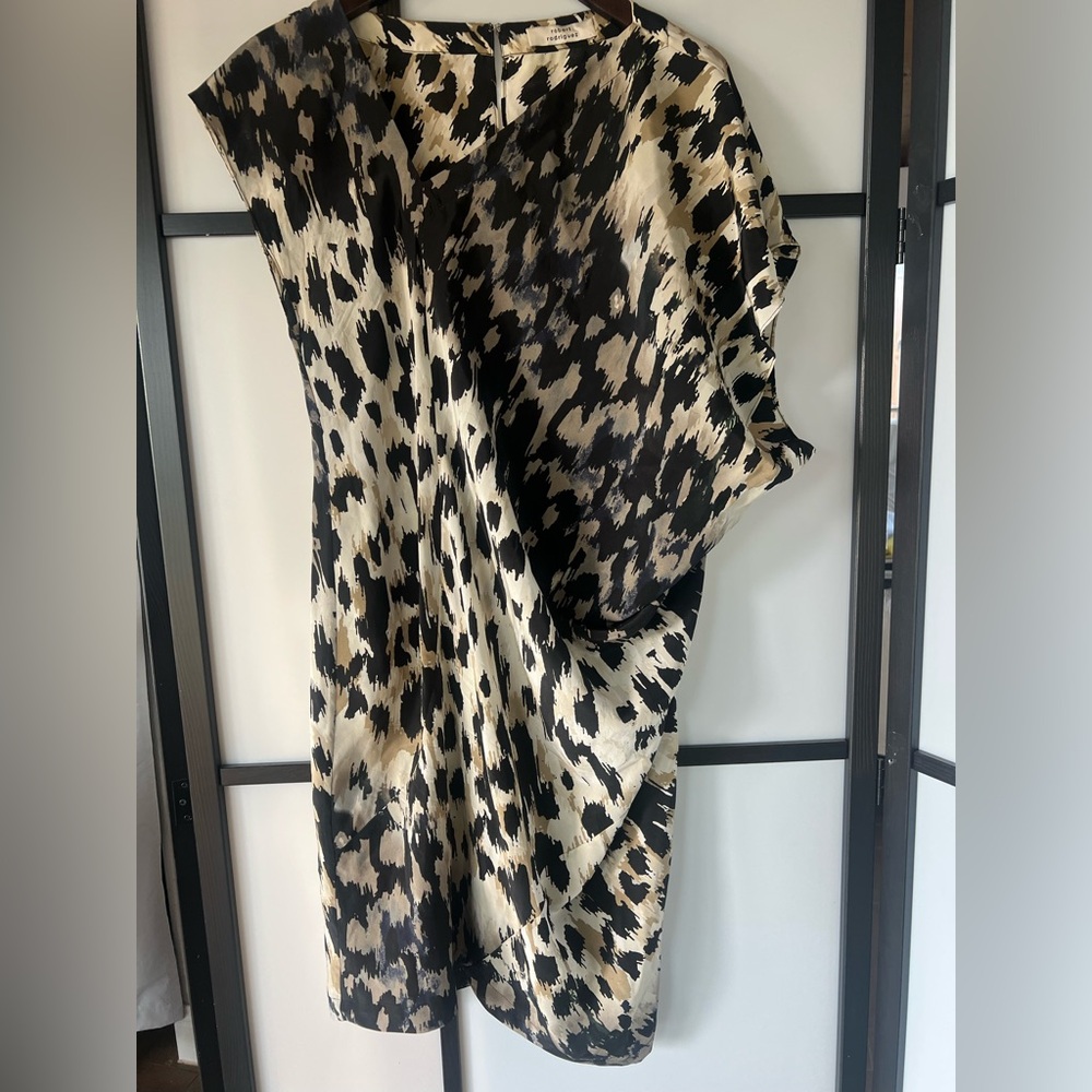 Robert Rodriguez One Shoulder Dress in Black and Cream watercolor leopard